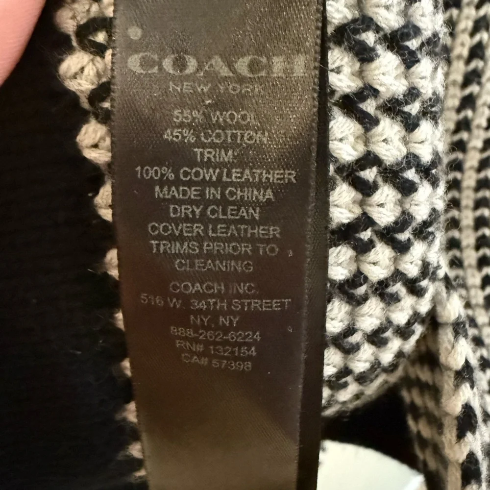 Coach Black & Ivory Knit Scarf w/ Leather Logo Patch